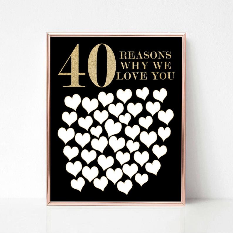 May include: A framed print with a black background and gold text that reads "40 REASONS WHY WE LOVE YOU." The number 40 is in gold glitter, and there are 40 white heart shapes. The frame is a rose gold color.