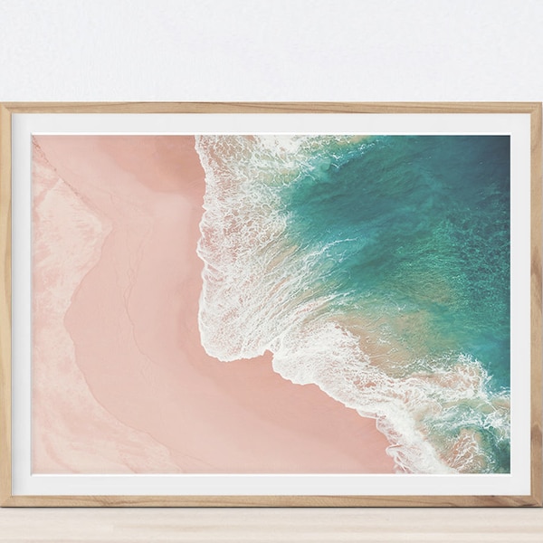 Ocean Wall Art, Aerial Beach Print, Pink Sand Coastal Decor, Pastel Nursery Print