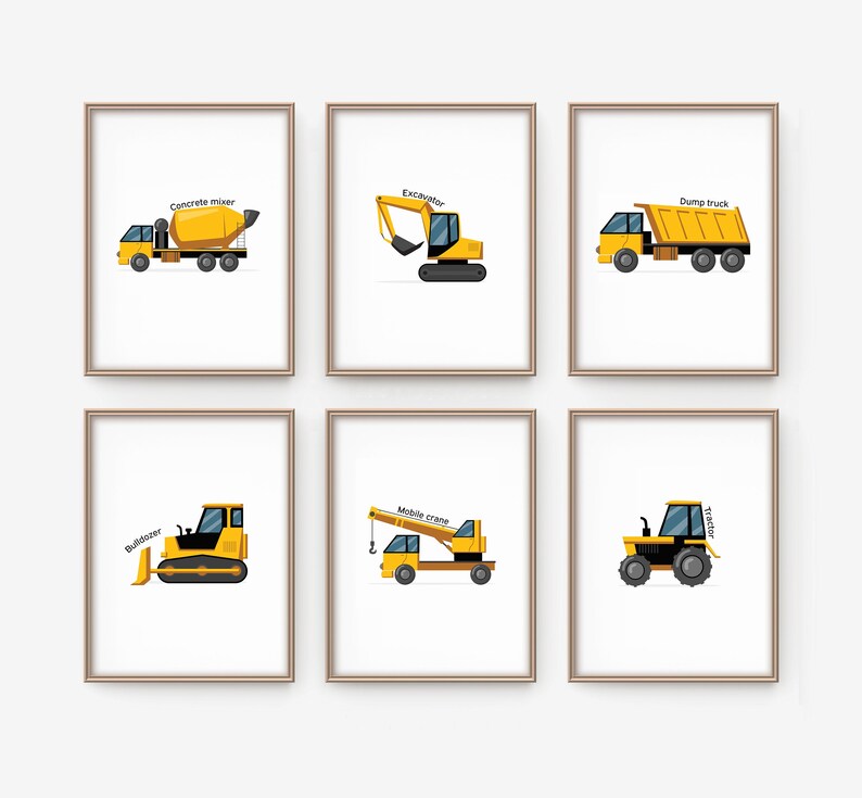 Vehicles for Nursery Decor Construction Wall Art Toddler Boy Room Print Set of 6 Transportation Printable for Boys