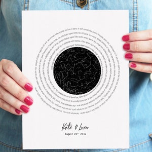 Carte de départ personnalisée avec paroles de chanson, cadeau d'anniversaire de 1 an, carte des étoiles personnalisée par date, cadeau de mariage imprimable