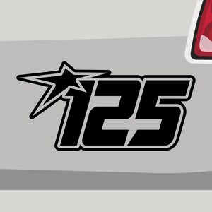 Pode incluir: Adesivo preto e branco com uma estrela e o número 125. A estrela está acima do número.