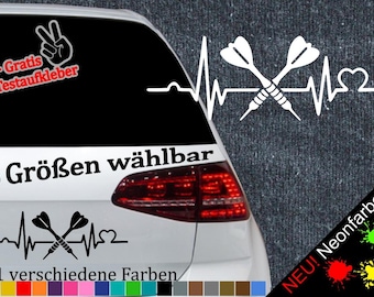 May include: A white car with a black and white sticker of a dartboard with a heart beat. The sticker says "6 Größen wählbar" and "21 verschiedene Farben".