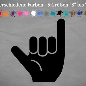 May include: Black silhouette of a hand making the 'hang loose' gesture. The image is on a grey background. 18 different colours and 5 sizes from S to XXL.