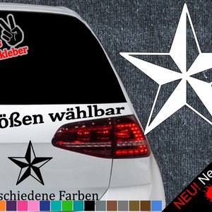 Könnte beinhalten: Ein weißes Auto mit einem schwarzen Stern-Aufkleber an der Heckscheibe. Der Aufkleber lautet "6 Größen wählbar" und "21 verschiedene Farben". Auf der rechten Seite des Autos befindet sich ein größerer weißer Stern-Aufkleber. Der Text "NEU! Neonfarben" befindet sich auf der rechten Seite des Autos mit drei Farbflecken in Rot, Grün und Gelb.