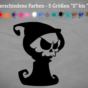 Könnte beinhalten: Schwarz-weiß-Cartoon-Illustration eines Sensenmanns mit einem Schädelgesicht. Das Bild ist auf einem grauen Hintergrund. 18 verschiedene Farben - 5 Größen "S" bis "XXL"