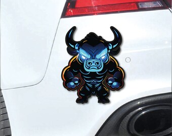 May include: A blue and black cartoon bull with a fierce expression. The bull is standing on its hind legs with its fists clenched. The bull is a sticker that can be applied to a car or other surface.
