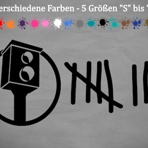Puede incluir: Diseño gráfico en blanco y negro con un símbolo de semáforo y marcas de conteo. El texto "18 verschiedene Farben - 5 Größen "S" bis "XXL" está en la parte superior de la imagen.