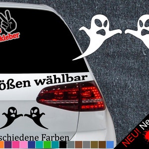 May include: A white car with a black ghost sticker on the rear window. The sticker says "6 Größen wählbar" and "21 verschiedene Farben". There are also colour swatches below the text.