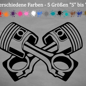Op de afbeelding: Zwarte afbeelding van twee gekruiste motorzuigers. De afbeelding bevat tekst bovenaan met 18 kleuropties en 5 maatopties. De zuigers zijn gedetailleerd met lijnen en rondingen, tegen een grijze achtergrond.