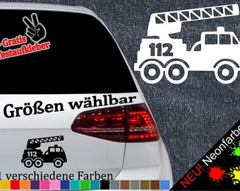 May include: A white fire truck decal with a ladder and the number 112. The decal is on a black car with the text "6 Größen wählbar" and "21 verschiedene Farben".