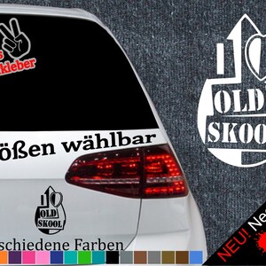 Könnte beinhalten: Weißer Vinyl-Aufkleber mit einem Herzen und dem Text "I love Old Skool". Der Aufkleber befindet sich auf einem weißen Auto mit einer schwarzen Heckscheibe. Der Text "6 Größen wählbar" und "21 verschiedene Farben" ist auf dem Auto sichtbar. Der Aufkleber ist in 6 Größen und 21 Farben erhältlich.