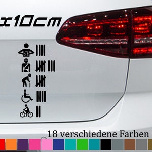 Könnte beinhalten: Schwarz-weißer Aufkleber mit einer Reihe von Symbolen, die verschiedene Personengruppen darstellen, darunter eine Person im Rollstuhl, eine Person mit einem Stock und eine Person auf einem Fahrrad. Der Aufkleber ist 20 cm x 10 cm groß und in 18 verschiedenen Farben erhältlich.