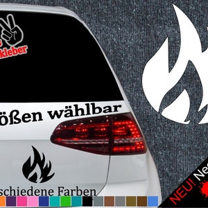 May include: A white car with a black flame sticker on the rear window. The sticker says "6 Größen wählbar" and "21 verschiedene Farben". There are also colour swatches below the text. The sticker is available in 6 sizes and 21 colours, including neon colours.