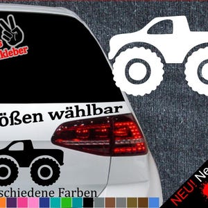 Può includere: Un adesivo per auto di un camion mostro bianco con il testo "6 Größen wählbar" e "21 verschiedene Farben". L'adesivo è mostrato su un finestrino di un'auto.