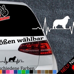 Könnte beinhalten: Ein weißes Auto mit einer schwarzen Heckscheibe. Die Heckscheibe hat einen Aufkleber mit einer weißen Silhouette eines Hundes mit einem Herzschlag und einem Herzen. Der Text "6 Größen wählbar" befindet sich auf dem Auto. Der Text "21 verschiedene Farben" befindet sich unter dem Aufkleber. Eine Reihe von Farbmustern befindet sich unter dem Text. Der Text "NEU! Neonfarben" befindet sich auf der rechten Seite des Bildes mit drei Farbklecksen in Rot, Gelb und Grün.
