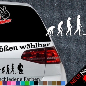 May include: A white car with a black and white evolution of a hockey player sticker on the back window. The sticker says "6 Größen wählbar" and "21 verschiedene Farben". There are also color swatches below the sticker.
