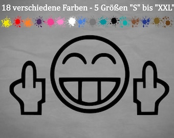 May include: Black and white sticker of a smiley face with its middle fingers raised. The sticker has the text "18 verschiedene Farben - 5 Größen "S" bis "XXL" above it.