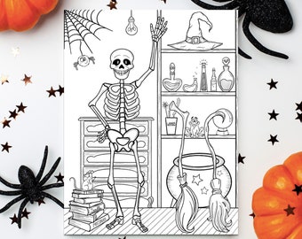 Halloween Coloring Page, Haunted House, Halloween Fun, Halloween Witch, Whimsical Coloring Page, INSTANT DOWNLOAD