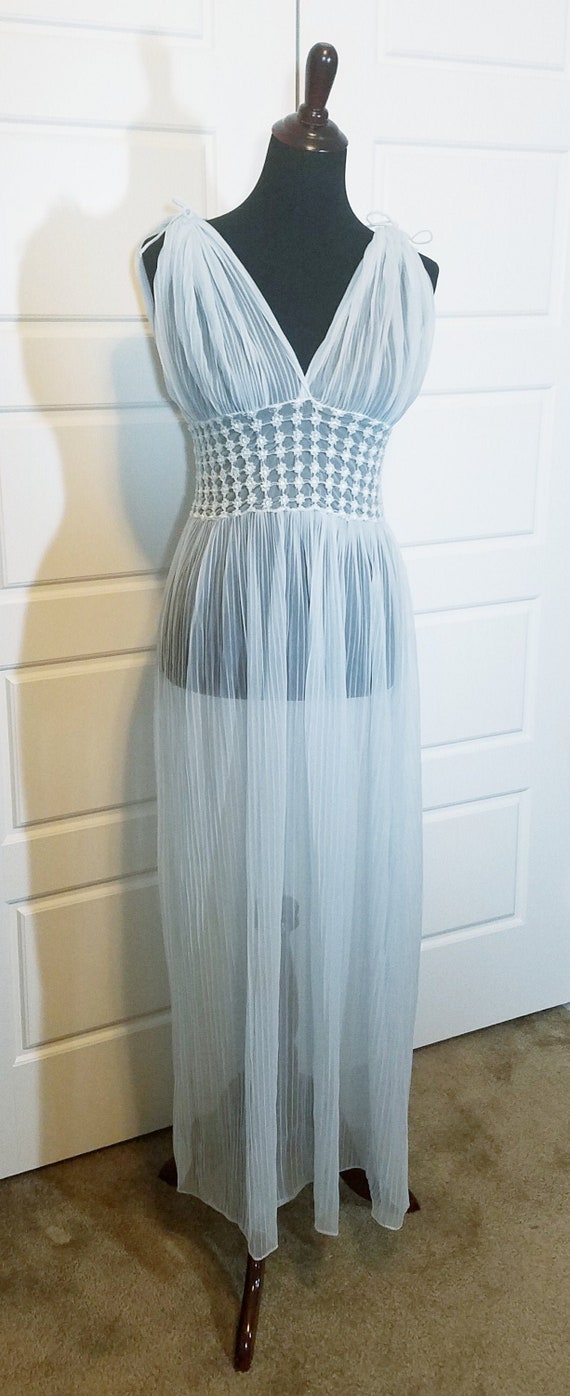 1930s Blue Sheer Smocked Negligee, 1930s Vintage,