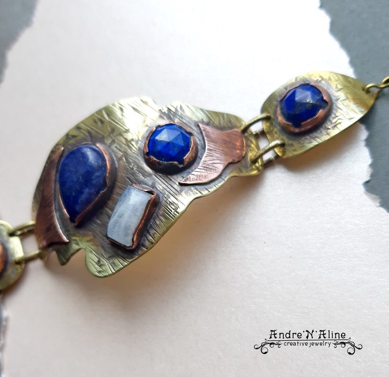 bracelet with lapis lazuli mixmetall bracelet Brass bracelet Brass bracelet mismatched bracelet moonstone bracelet