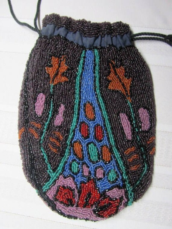 Vintage Beaded Reticule Purse, Pouch, Jet Beads, … - image 3