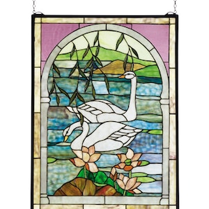 Nesting Swans Stained and Leaded Glass Window, Very Nice