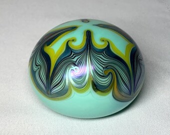 Orient & Flume, Decorated Aqua Teal, Hooked Feather Paperweight, Nice, Early