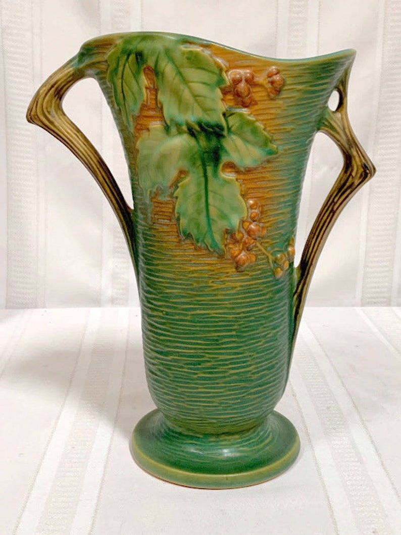 Roseville Pottery, Bushberry, Large Green Double Handled Vase, Excellent Detail Etsy