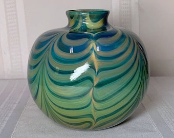 Salamandra Art Glass, Decorated Wave Pattern, Art Glass Orb Vase, Very Nice
