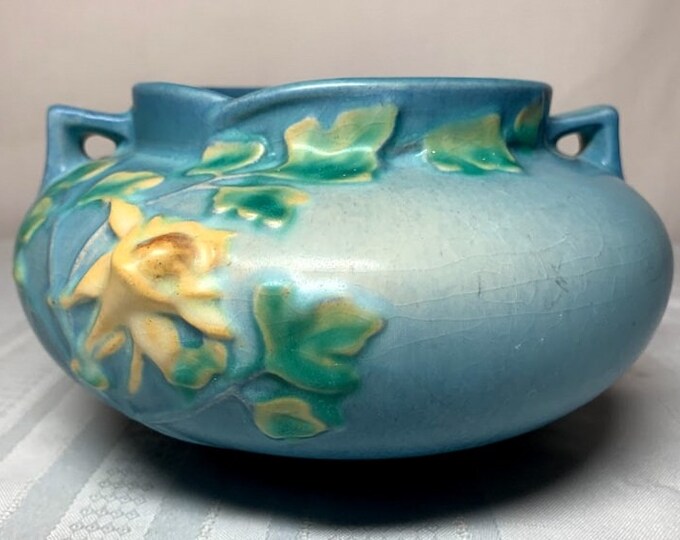 Roseville Pottery Columbine Double Handled Blue Jardiniere Etsy