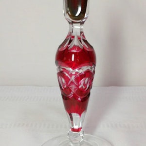 Val St Lambert, België Kristal, Cranberry Gesneden om kandelaar te wissen, Uitstekend