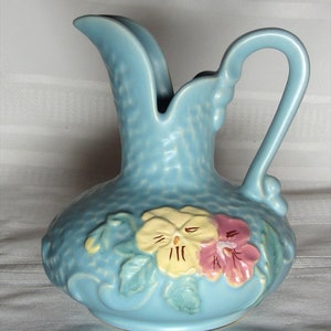 Weller Pottery, Delsa, Blue Ewer, Pitcher, Decorated Pansies, Very Nice