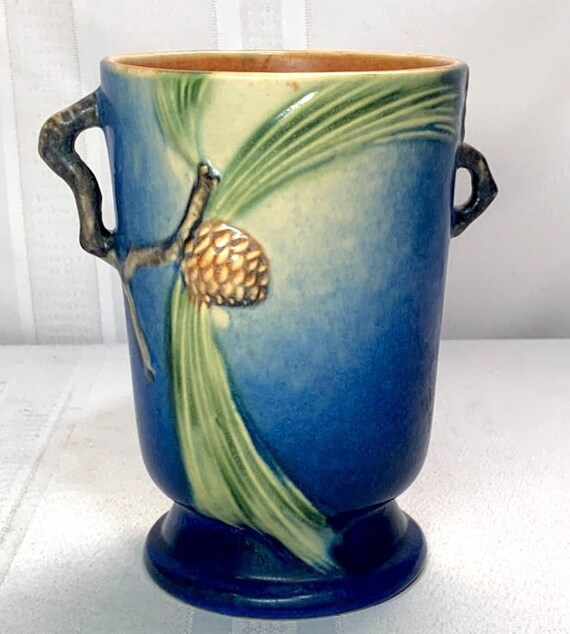Roseville Pottery Pinecone Blue Double Handled Vase Nice Etsy