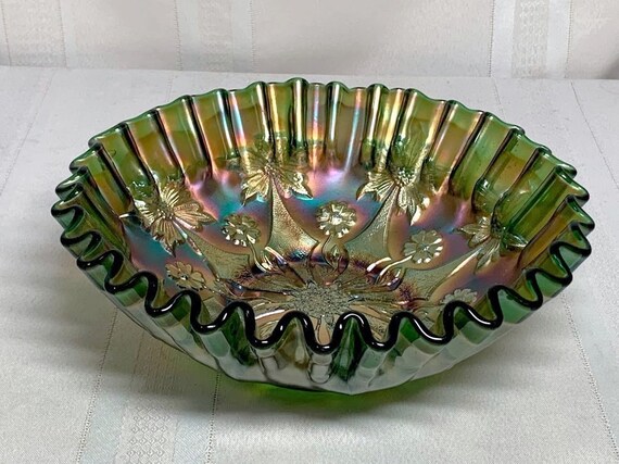フェントン、小さな花、緑のボウル、キャンディリボンエッジ