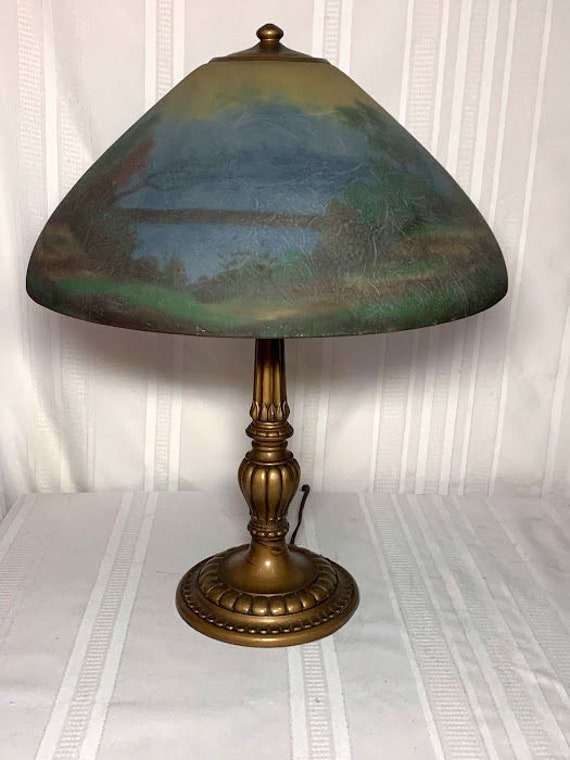 Jefferson Reverse Painted Lakeside Scenic, Handel Pairpoint Era