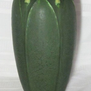 Grueby Pottery, Tall 2 Color Carved Leaves and Buds, Artist Signed, Ruth Erickson