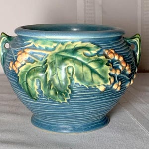 May include: A blue ceramic planter with a textured surface and two handles. The planter features a raised relief design of green leaves and orange grapes. The rim and base are a darker shade of blue.
