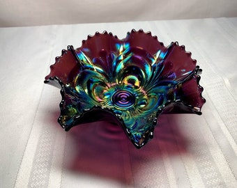 Imperial, Embossed Scroll Purple Ruffle Bowl, Electric Iridescence, Excellent