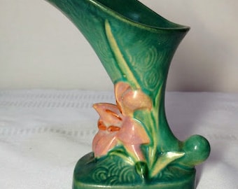 Roseville Pottery, Zephyr Lily Teal Green Cornucopia Flower Vase