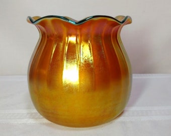 Steuben Gold Aurene Early Gas Lighting Shade, Ribbed Ruffled Poppy Bell, Rare