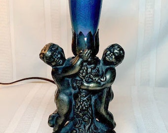 Double Cherub Torche&#39; Art Glass Lamp, Beautiful Blue Aurene, Favrile Lily Shade
