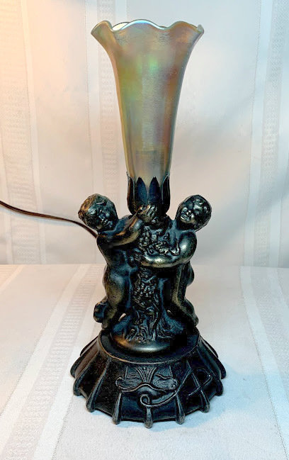 Double Cherub Torche' Art Glass Lamp, Beautiful Gold Aurene, Favrile Lily Shade