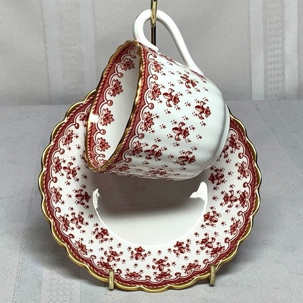 Spode, Bone China, Fleur de Lys, Rouge, Garniture Dorée, Tasse à Thé & Sauce/Bol à Dessert