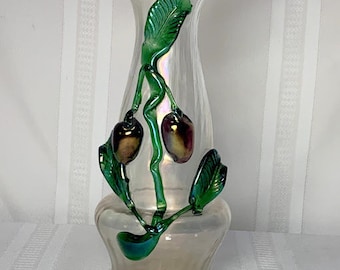 Kralik, Applied Fruit & Foliage Tall White Iridescence Vase, HTF Size, Nice~~~