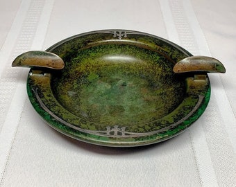 Heintz Metal, Verdi Green Silver Overlay Cigar Ashtray, Stickley, Roycroft Era