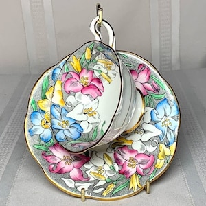 Rosina, Bone China, Tiger + Day Lilies, Spring Bulbs, Teacup & Saucer, Floral