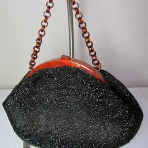 Fre-Mor Jet Bead Purse, Bakelite Frame, Chain Handle, Very Nice~~~