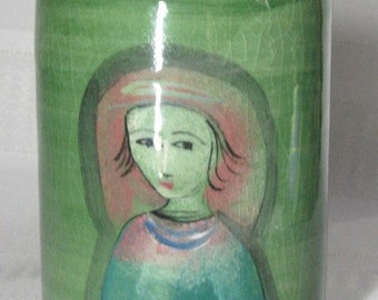 Polia Pillin, Woman w Birds, Trees, Art Pottery Vase, Mid Century Modern