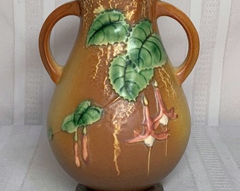 Roseville Pottery, fuksja, brązowy wazon z podwójnym uchwytem, wyrazista definicja, ładny