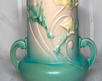 Roseville Pottery, Poppy, Large Teal Green Double Handled Vase, Yellow Flowers